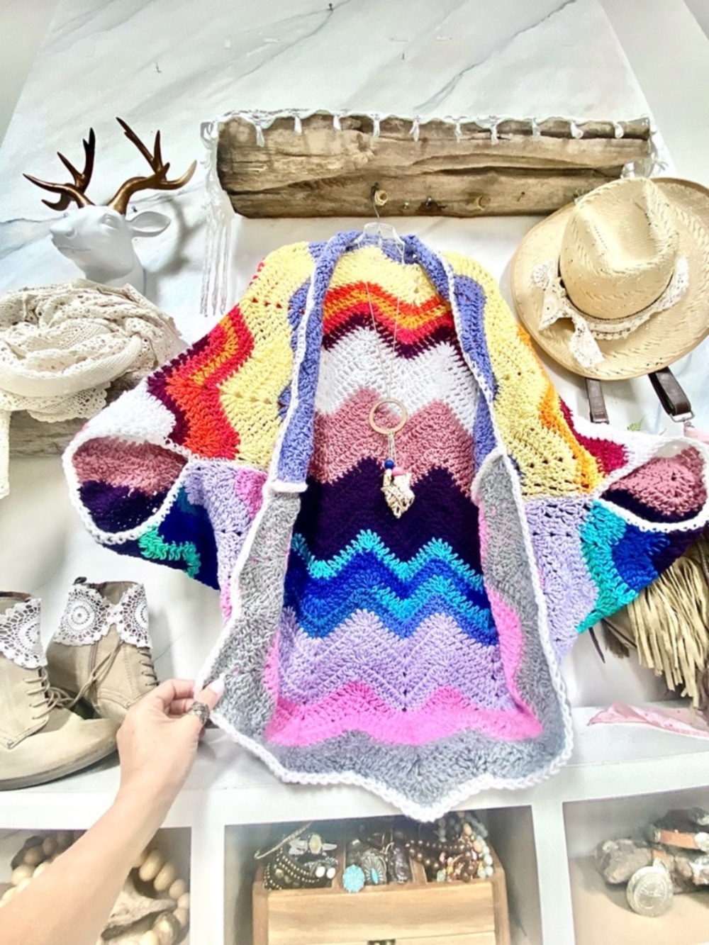 Artisan Chevron unicorn boho Cocoon shrug kimono cover up w cottagecore vibe - Picture 6 of 10